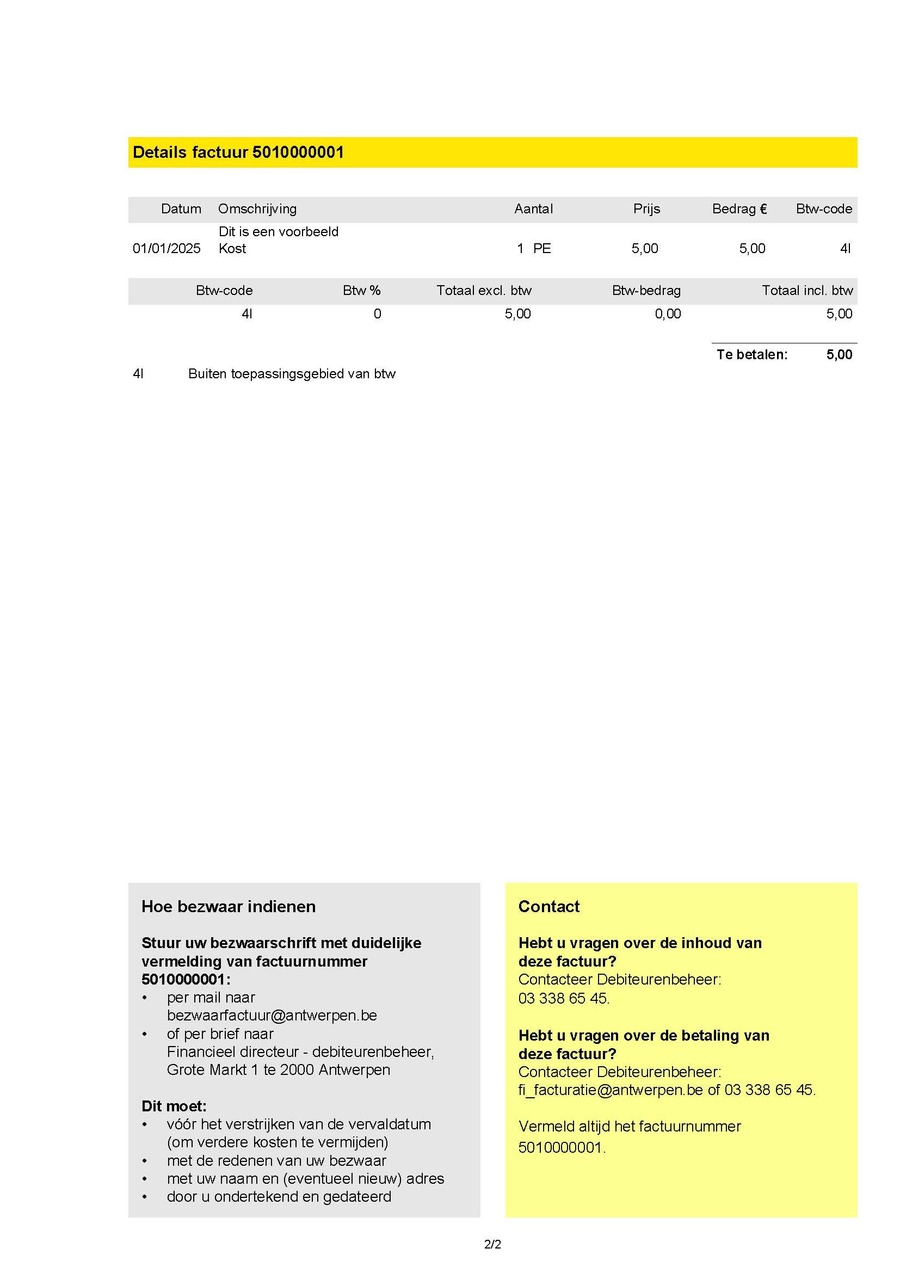 Voorbeeld van factuur met nieuwe lay-out stad Antwerpen - pagina 2